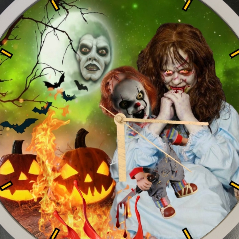 Halloween exorcist demon,Reagan and Chucky doll clown led dance light clock